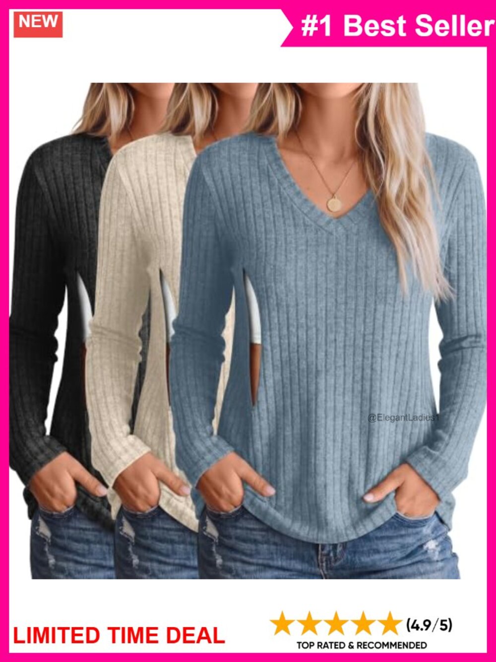 3 Pack Maternity Nursing Tops Long Sleeve V-Neck Side Zip Tees